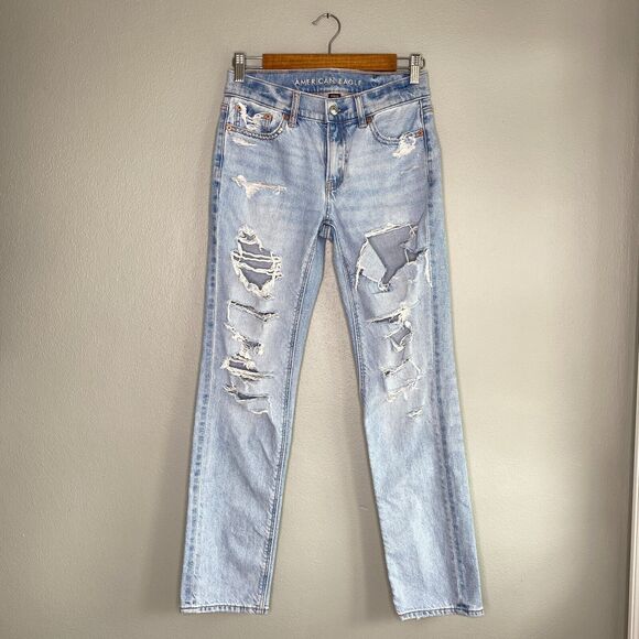 American Eagle Strigid Jeans Women's 00 Reg Distressed Embroidered Light Wash - Picture 1 of 11
